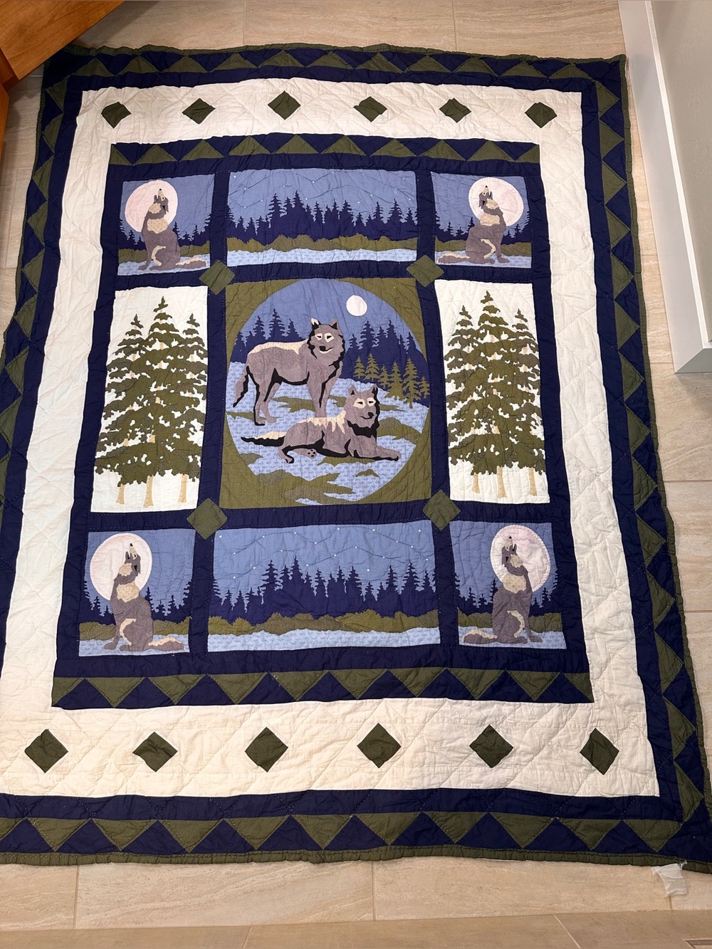 Howling Wolf Pines Hand & Machine Stitch Patchwork Quilt Queen Navy Green Cream